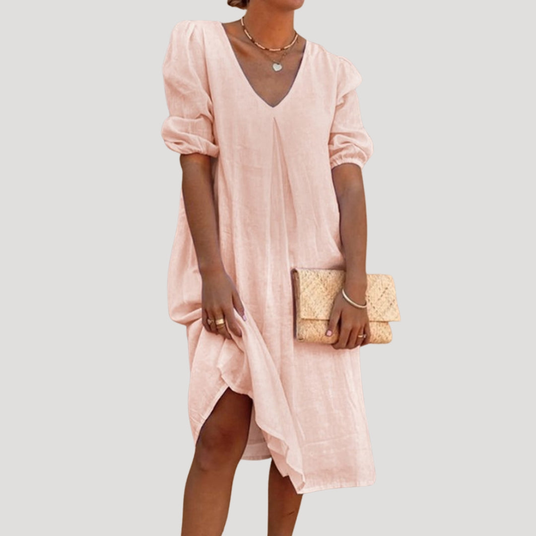 Women’s linen v neck puff sleeve midi dress