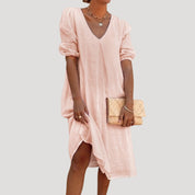 Women’s linen v neck puff sleeve midi dress