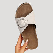 Women’s comfortable buckle slide sandals – flat footbed