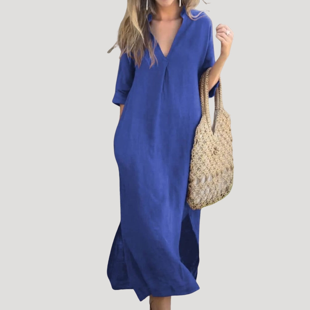 Women’s linen v neck straight midi dress
