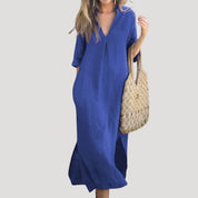 Women’s linen v neck straight midi dress