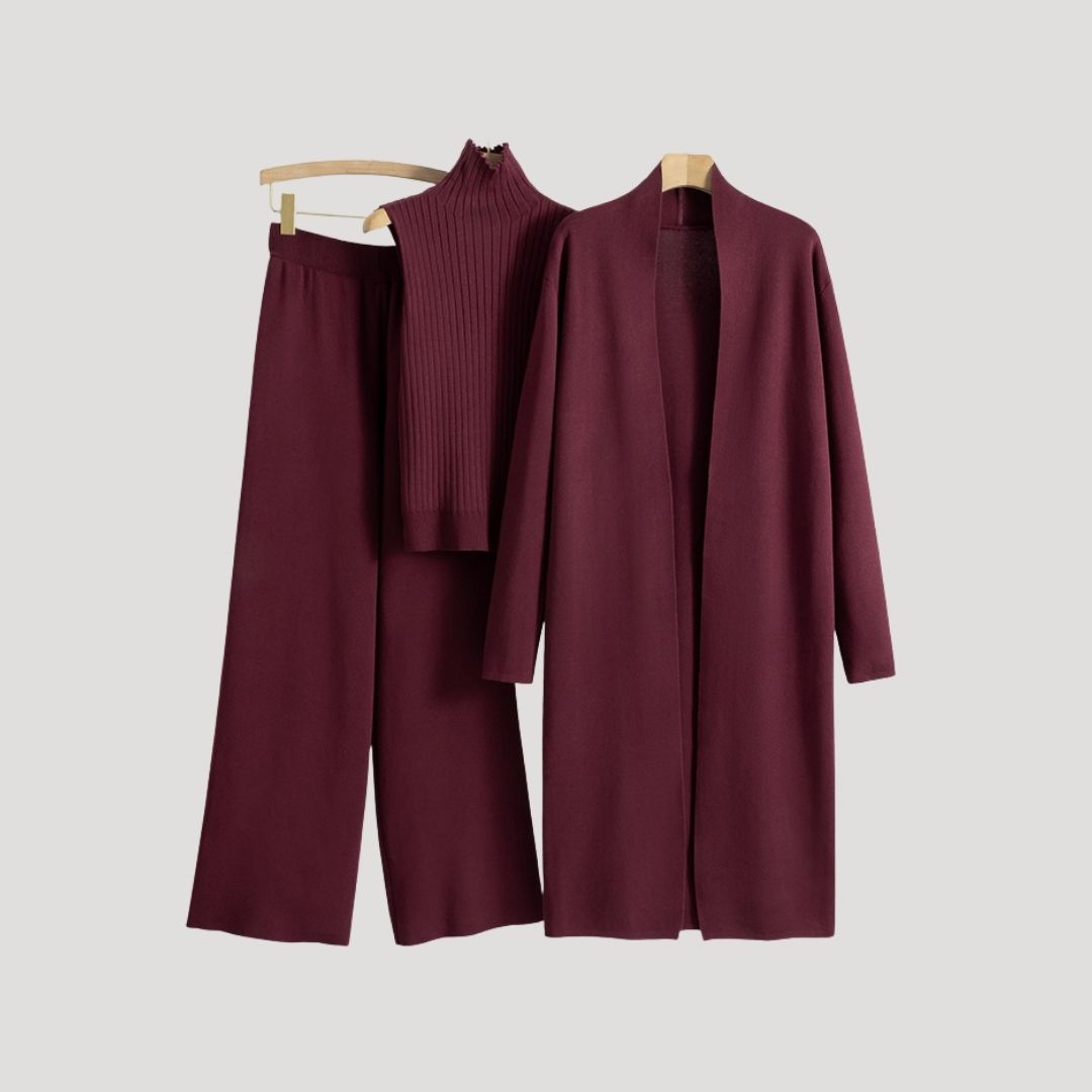 Women’s knitted co ord longline cardigan turtleneck jumper trousers