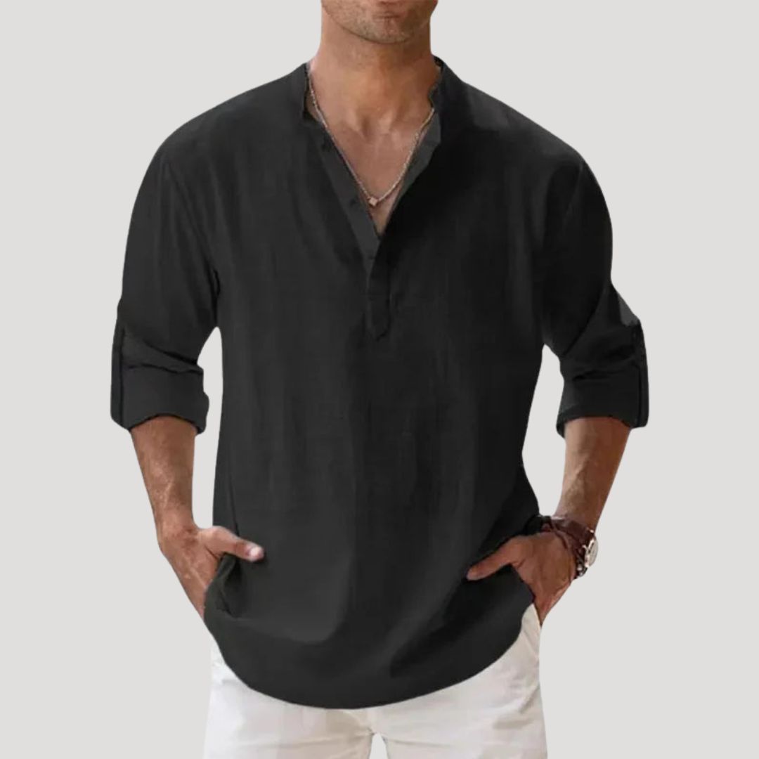 Men's spring long sleeve linen polo shirt