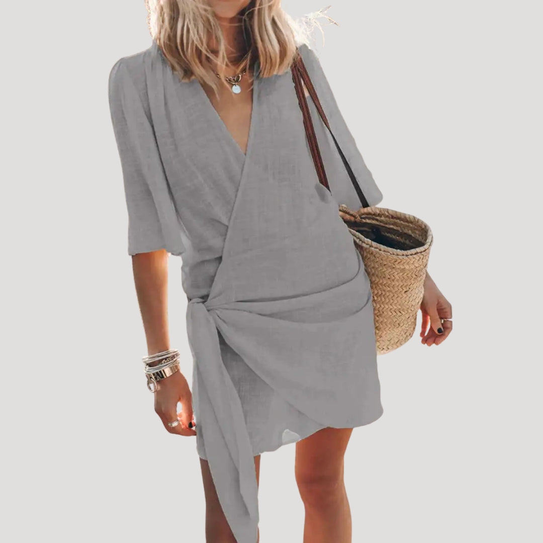 Women’s short sleeve wrap mini holiday dress