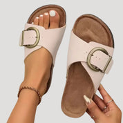 Women’s flat buckle cork footbed slide sandals