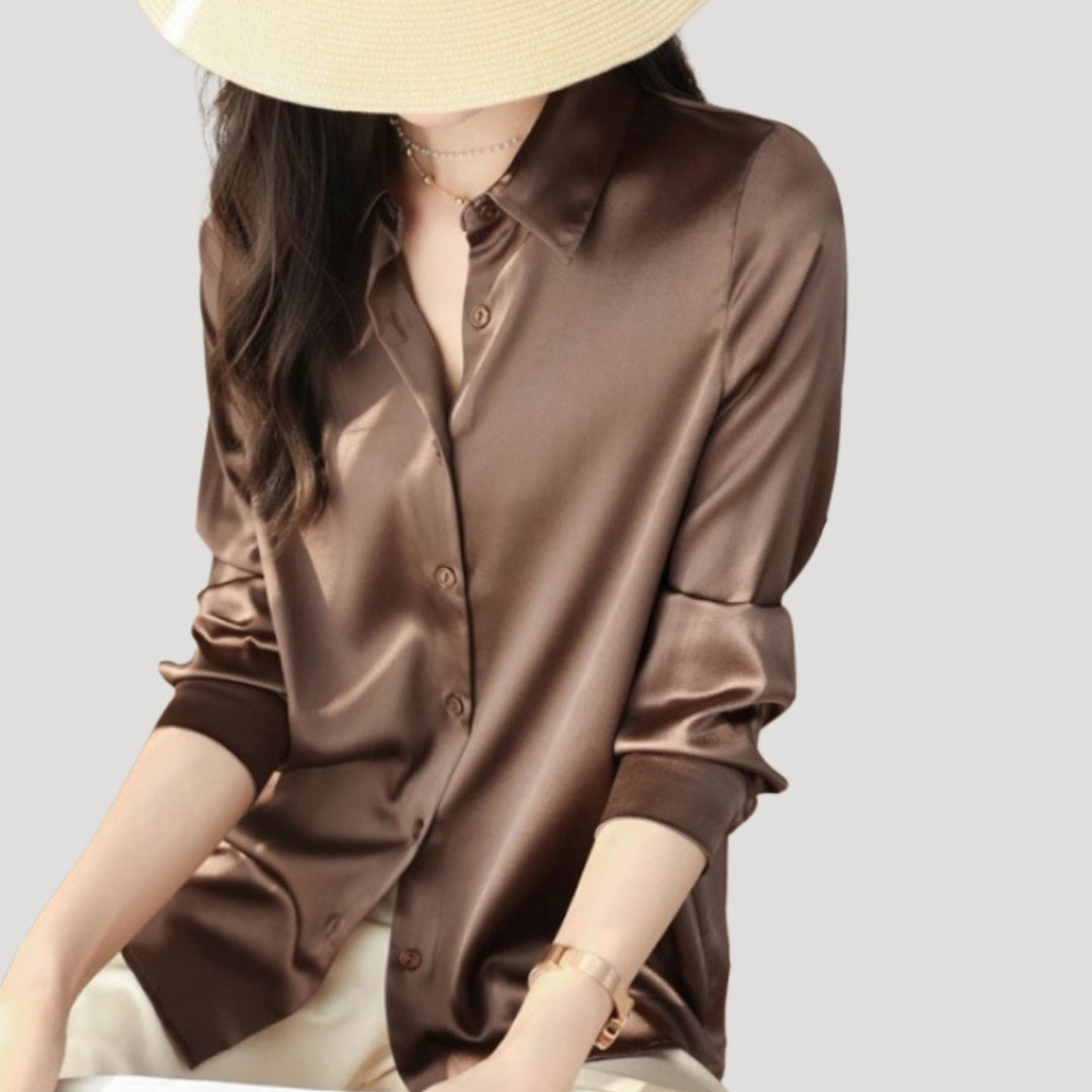 Women’s satin long sleeve button front blouse