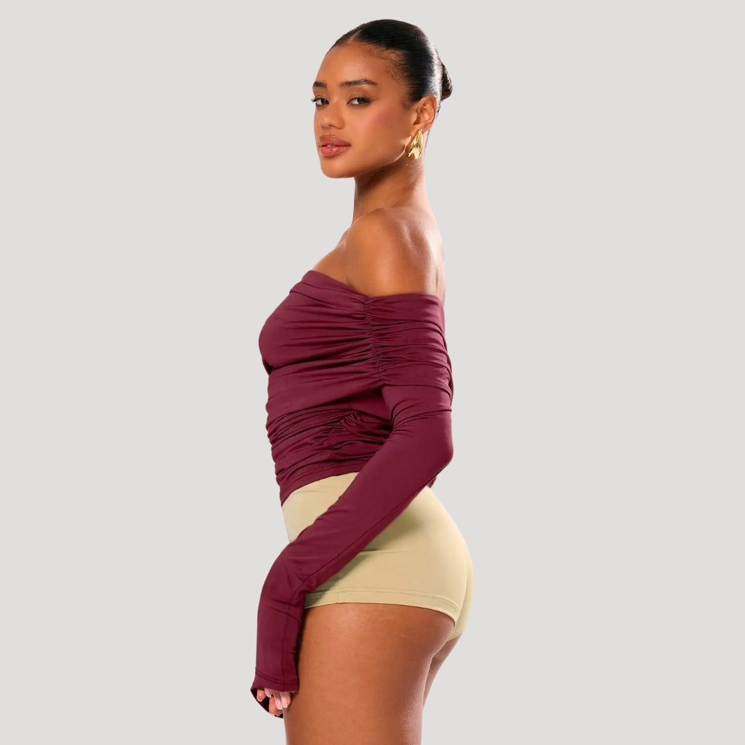 Off-shoulder ruched burgundy top