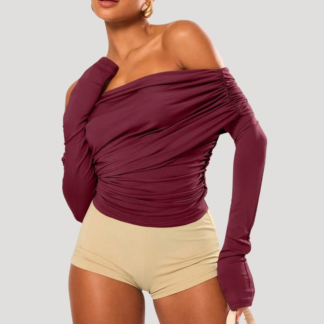 Off-shoulder ruched burgundy top