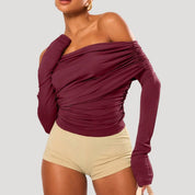 Off-shoulder ruched burgundy top