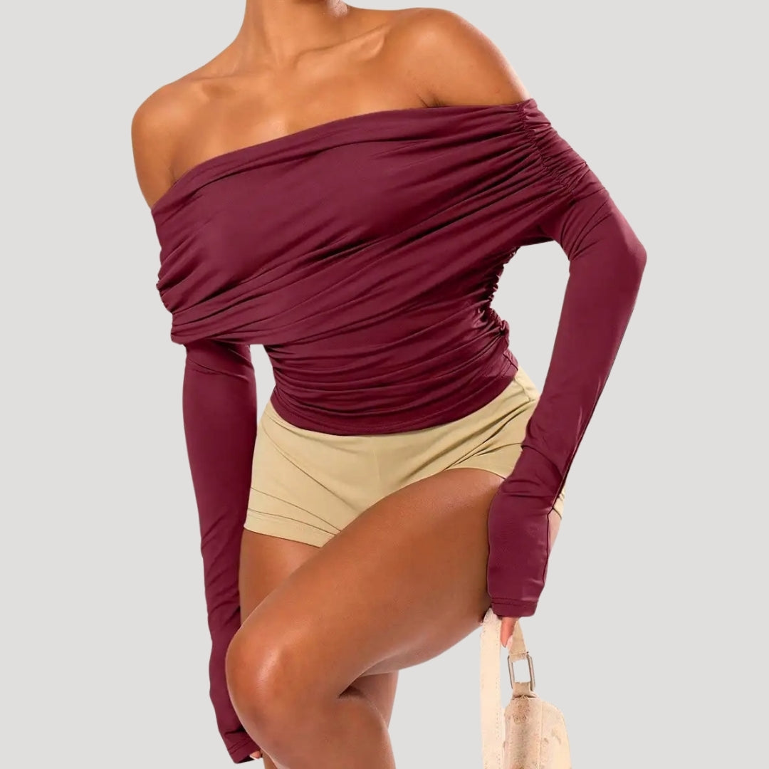 Off-shoulder ruched burgundy top