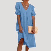 Women’s linen v neck puff sleeve midi dress