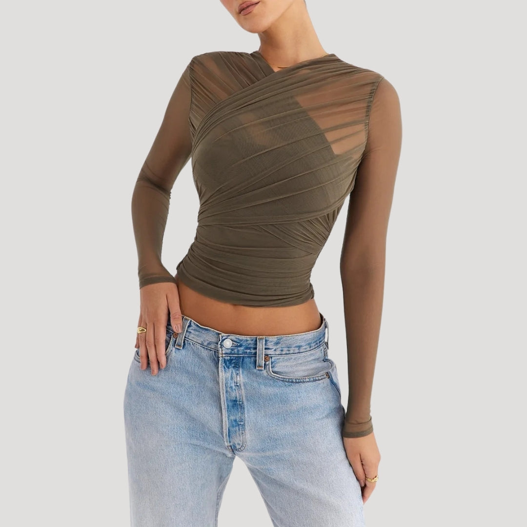 Sheer mesh long sleeve wrap top