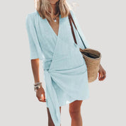 Women’s short sleeve wrap mini holiday dress