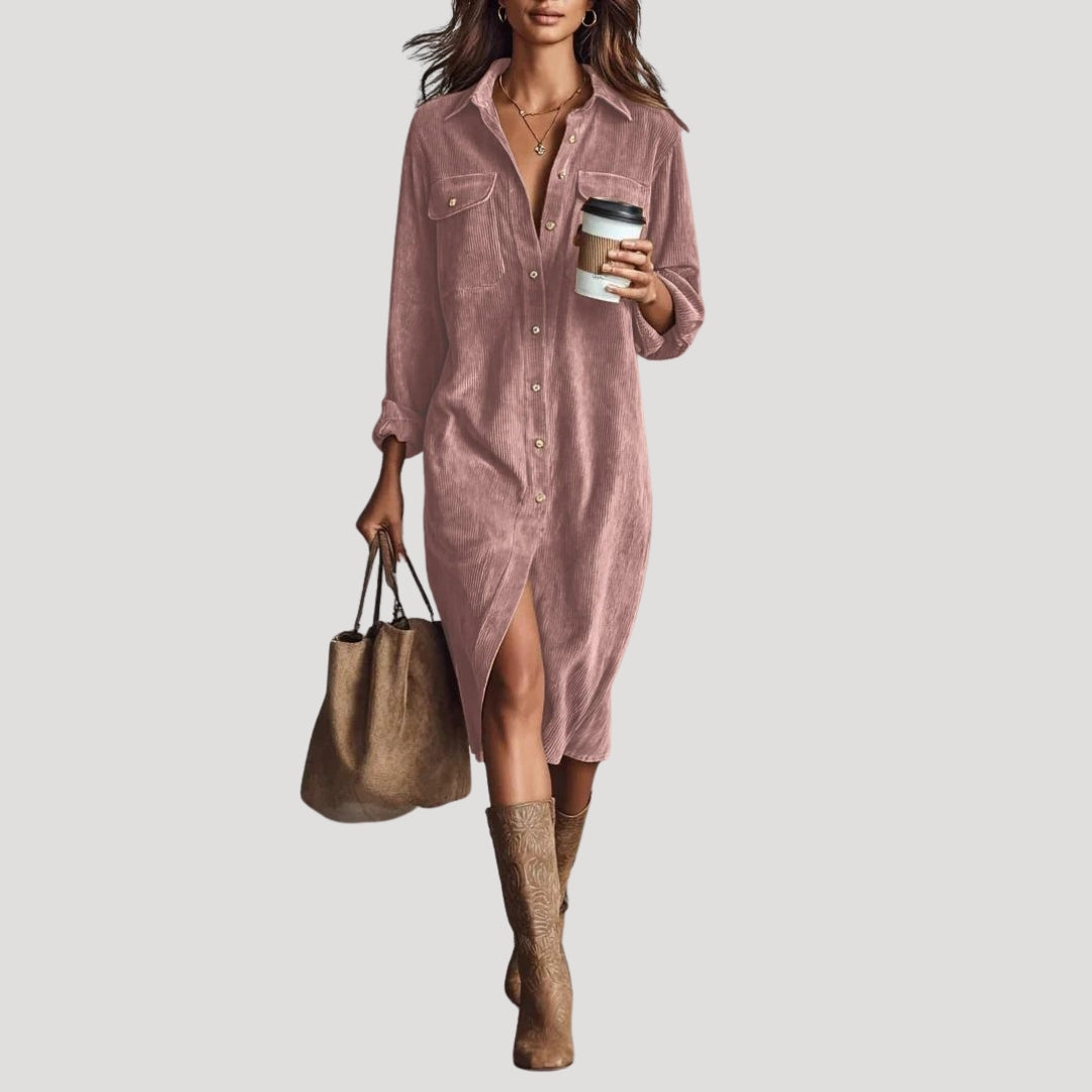Women’s corduroy long sleeve midi shirt dress