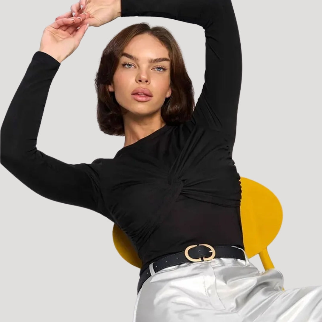 Black long-sleeve twist-front top