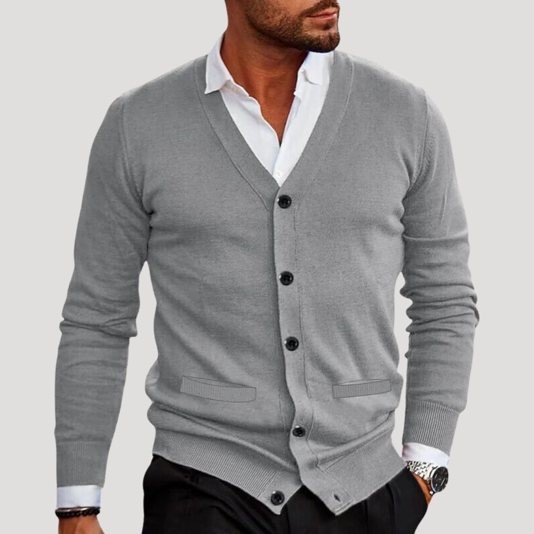 Men’s chunky knit buttoned V neck cardigan