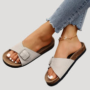 Women’s comfortable buckle slide sandals – flat footbed