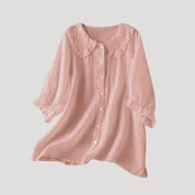 Women’s linen blend blouse long sleeve ruffle collar top