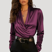 Women’s satin wrap blouse long sleeve top