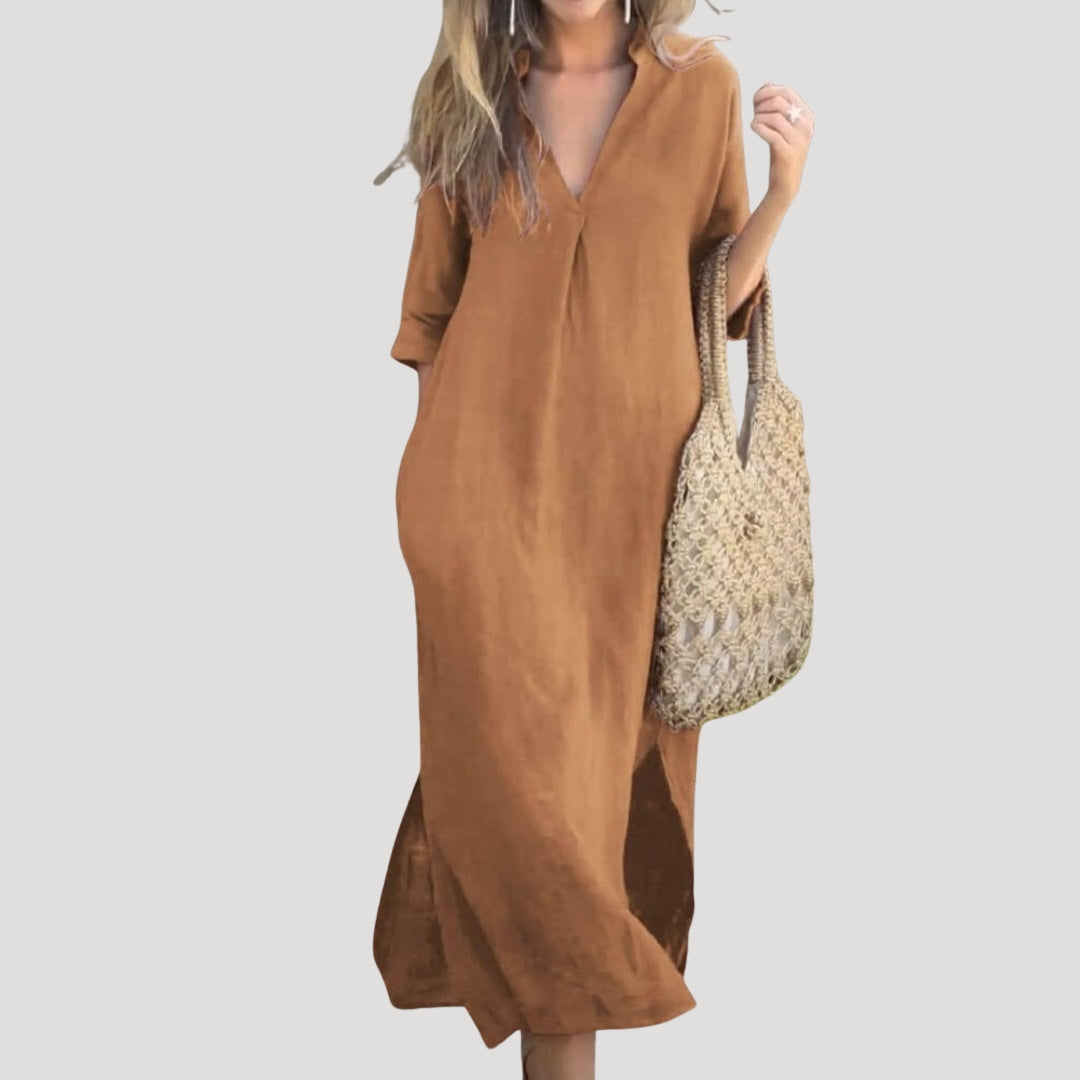 Women’s linen v neck straight midi dress