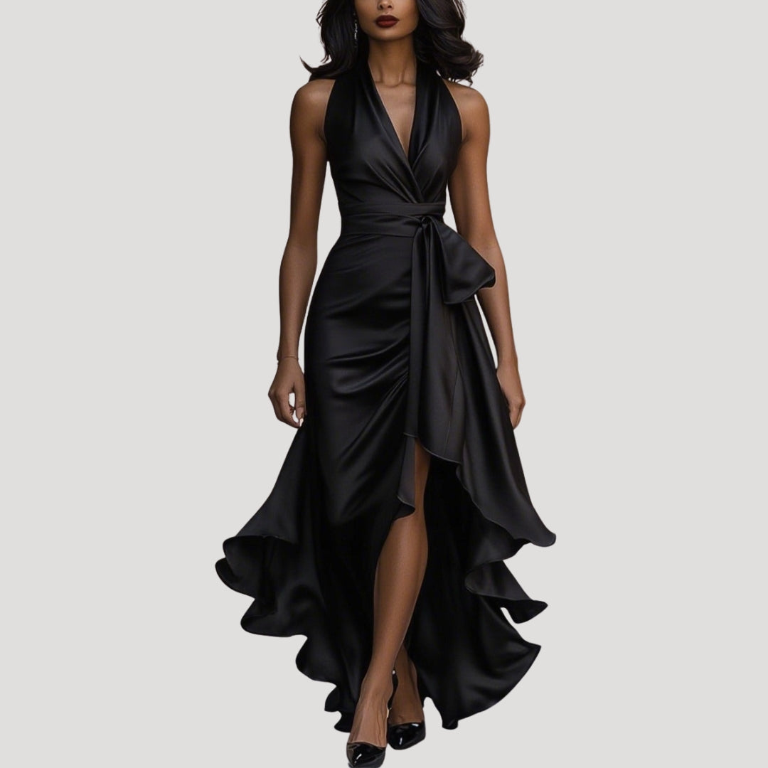 Women’s satin halter wrap midi wedding guest dress