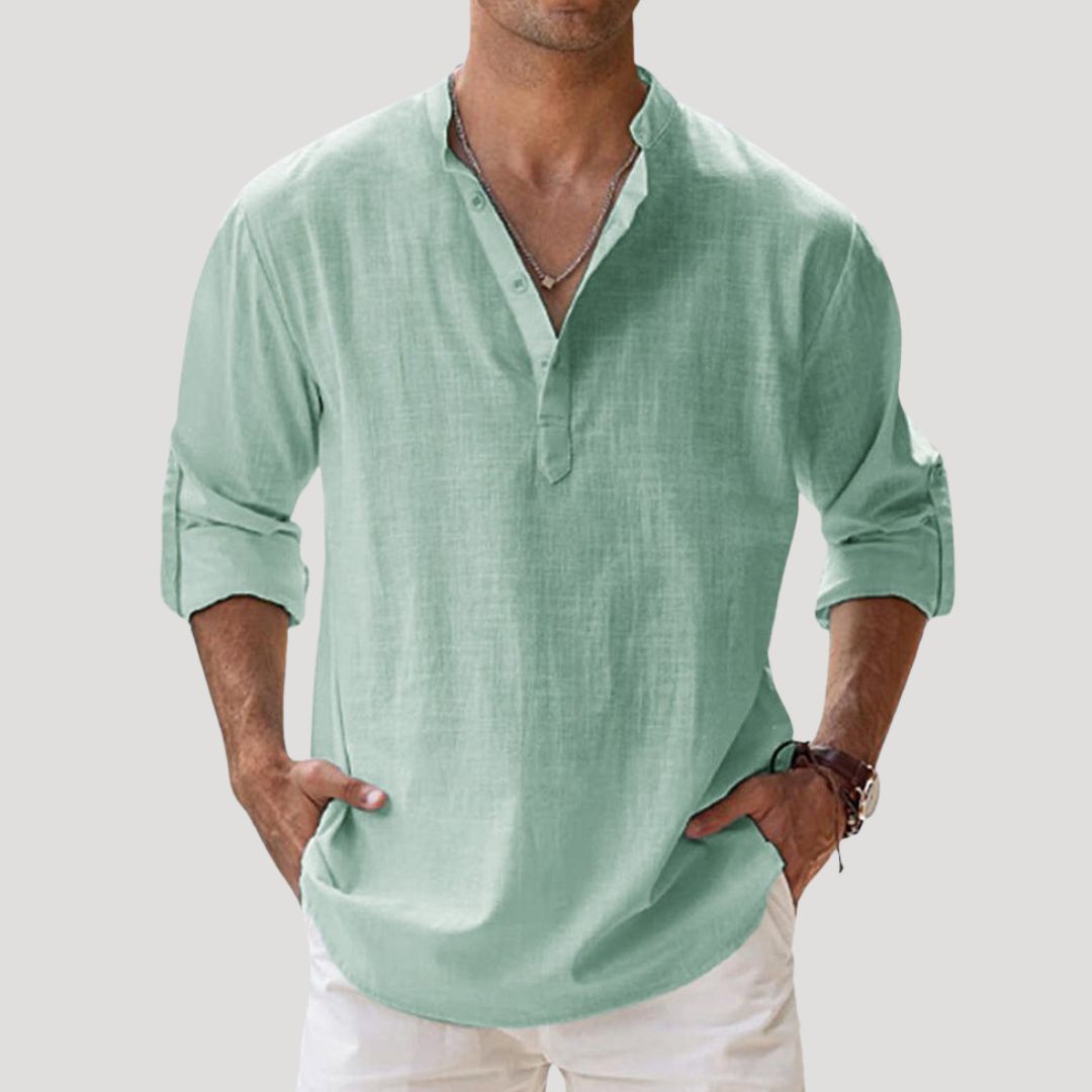 Men's spring long sleeve linen polo shirt