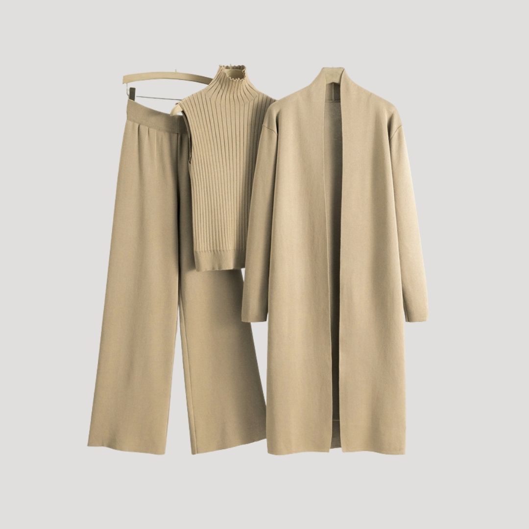 Women’s knitted co ord longline cardigan turtleneck jumper trousers