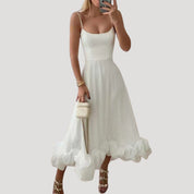 Women’s strappy ruffle hem midi wedding guest dress