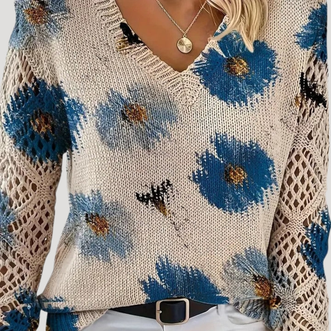 Women v neck floral knit spring jumper