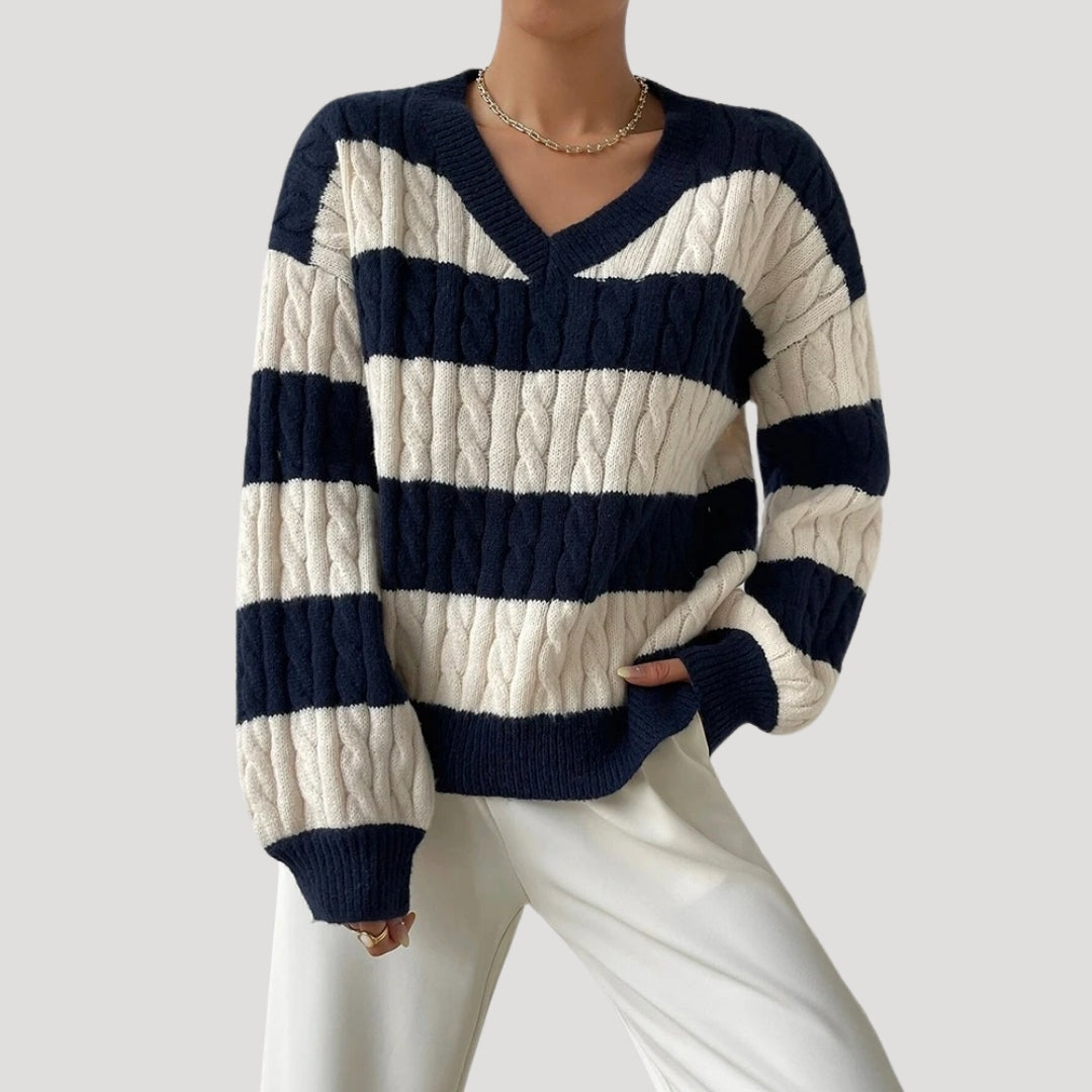 Women’s v neck cable knit striped oversized jumper winter