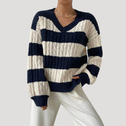 Women’s v neck cable knit striped oversized jumper winter