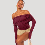 Off-shoulder ruched burgundy top