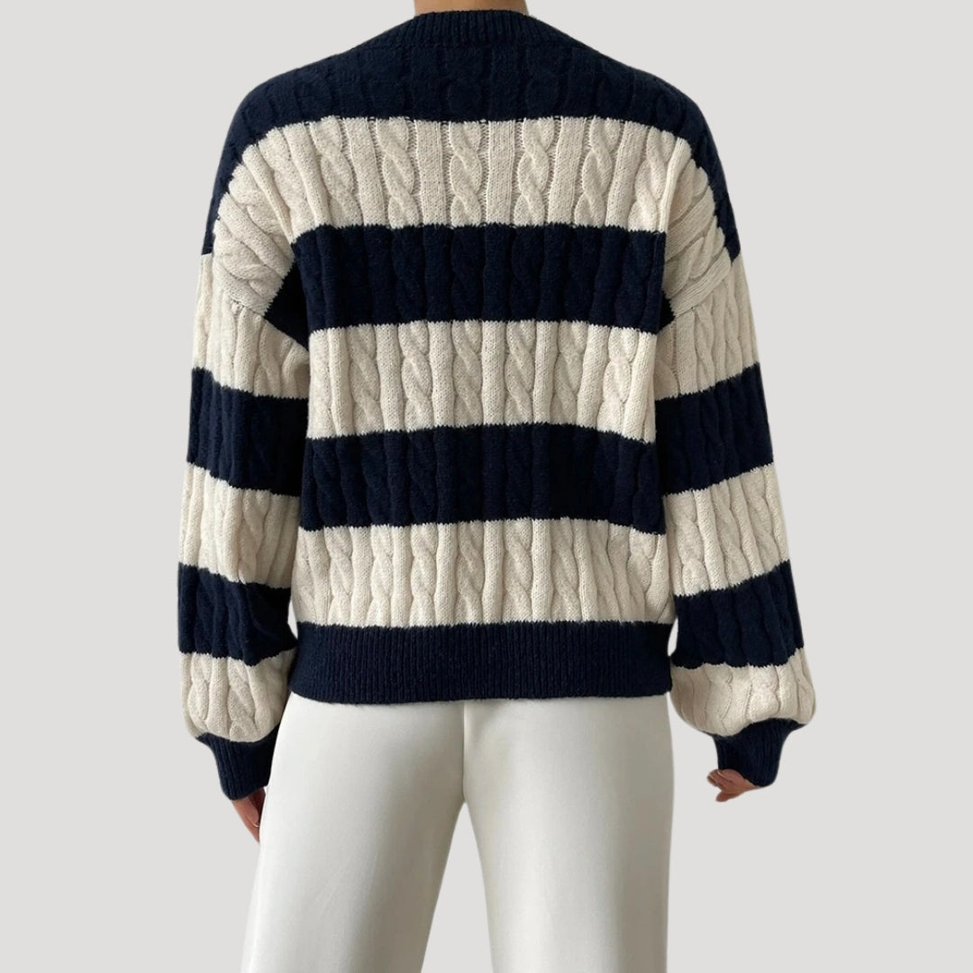 Women’s v neck cable knit striped oversized jumper winter