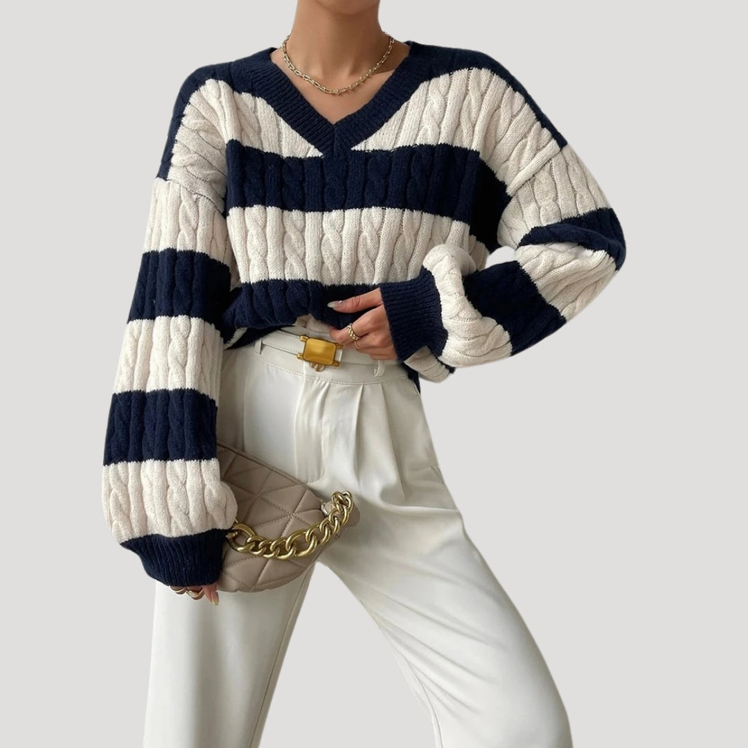 Women’s v neck cable knit striped oversized jumper winter