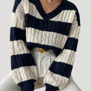 Women’s v neck cable knit striped oversized jumper winter
