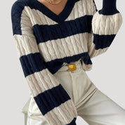 Women’s v neck cable knit striped oversized jumper winter