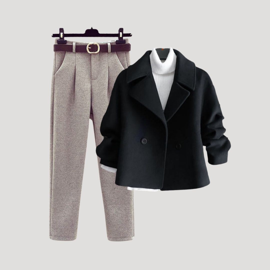 Women’s short wool blend winter coat with trousers