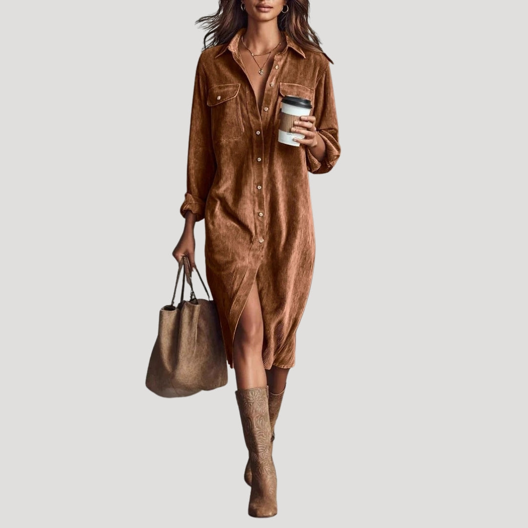 Women’s corduroy long sleeve midi shirt dress