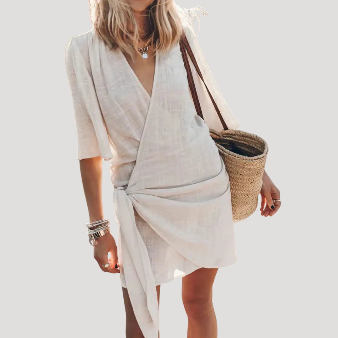 Women’s short sleeve wrap mini holiday dress