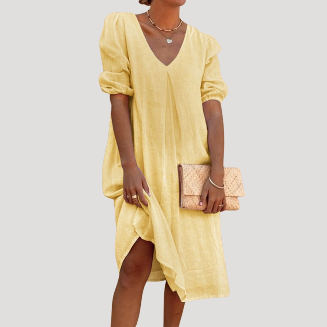 Women’s linen v neck puff sleeve midi dress