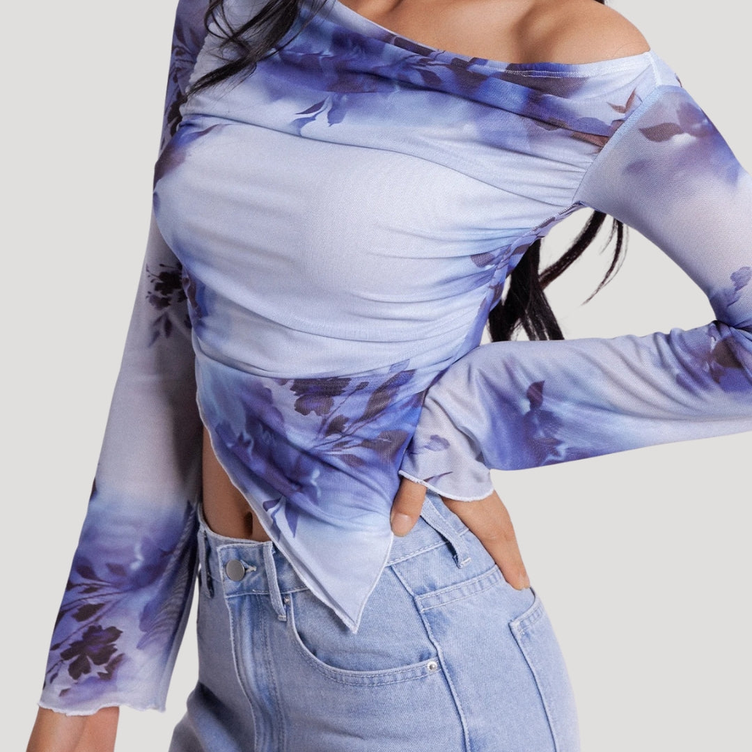 Off-shoulder blue floral mesh top