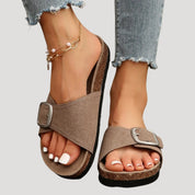 Women’s comfortable buckle slide sandals – flat footbed