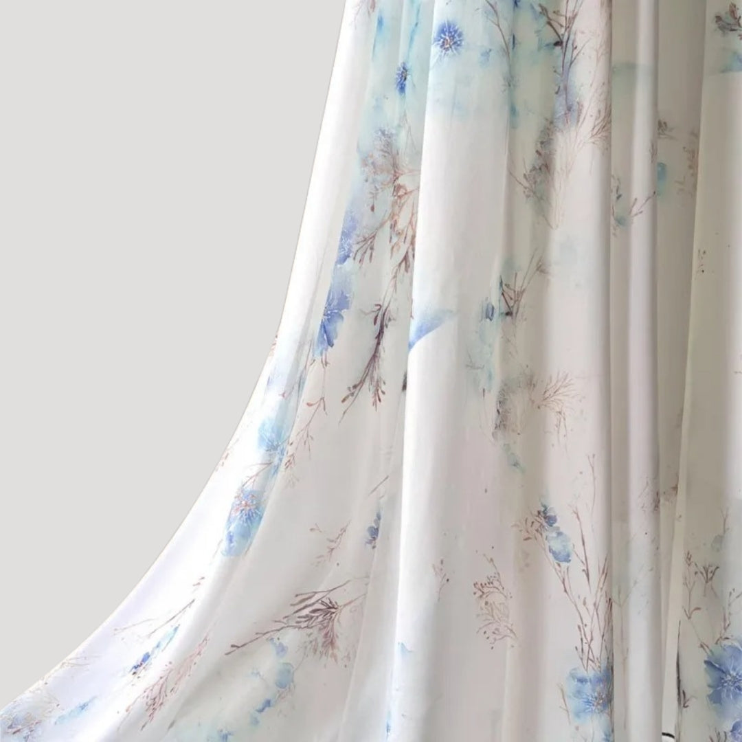 Women’s blue chiffon maxi wedding guest dress with sleeves