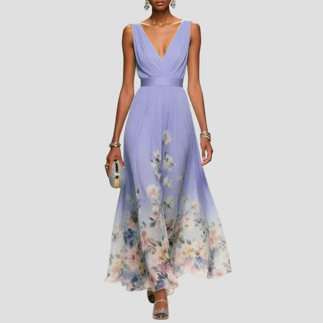 Women’s sleeveless v neck floral chiffon maxi dress