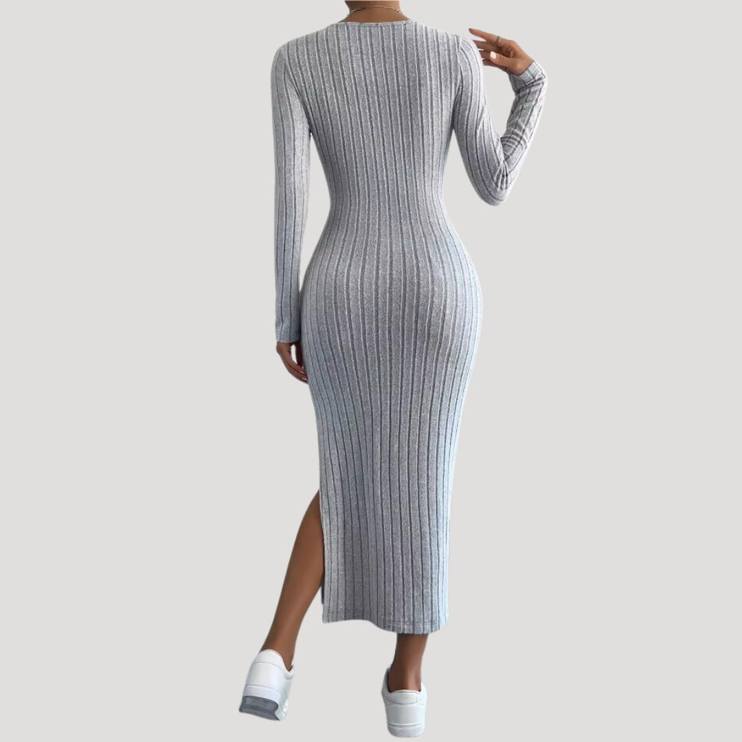 Ribbed knit long sleeve midi dress