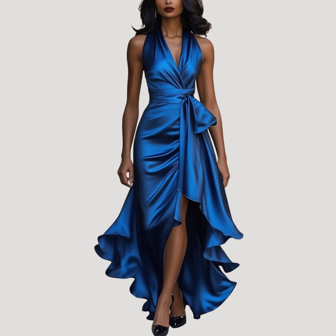 Women’s satin halter wrap midi wedding guest dress