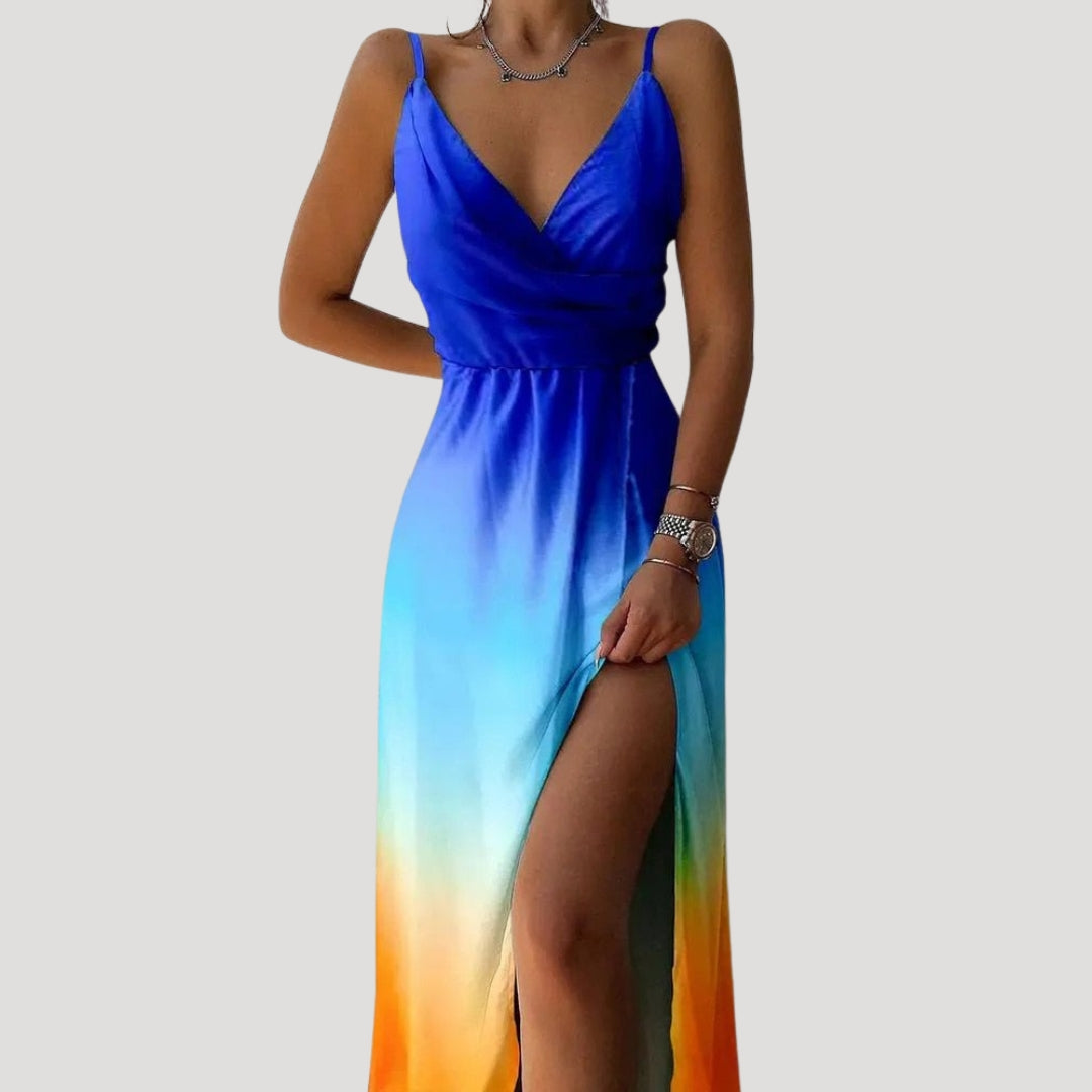 Women’s strappy v neck maxi slit dress