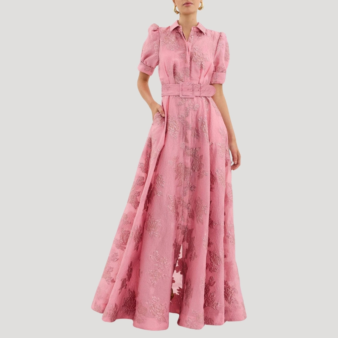 Women’s pink maxi dress wedding guest belted floral