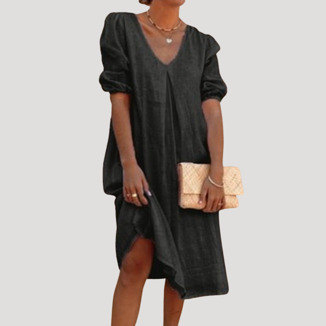 Women’s linen v neck puff sleeve midi dress