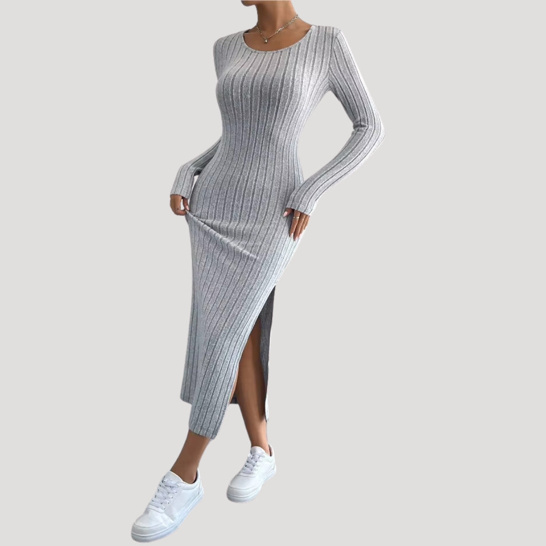 Ribbed knit long sleeve midi dress